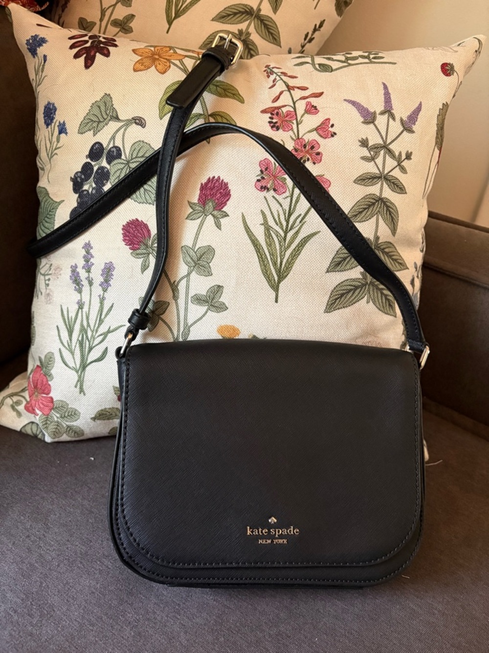 kate spade Black Leather Crossbody with Gold Logo